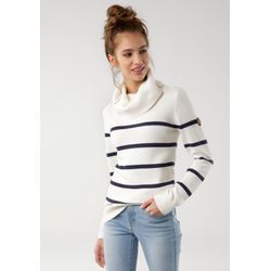 Rollkragenpullover KANGAROOS, Damen, Gr. 32/34 (XS), bunt (wollweiß, marine), Strick, Obermaterial: 60% Baumwolle, 40% Polyacryl, gestreift, geringelt, casual, normal hüftbedeckend, Langarm Rippstrickbündchen, Pullover, in lässiger Form mit Kontraststreifen