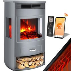 KESSER® Prio Elektrokamin mit Heizung Heizlüfter Fernbedienung WiFi App 950/1900 W Kamin elektrisch LED-Flammeneffekt Kaminfeuer Elektro Kamin mit Thermostat Panorama-Sichtfenster Heizfunktion Timer