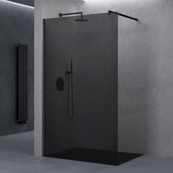 Luxus Duschwand Duschabtrennung 80x200 Schwarz Walk-In Dusche mit rundem Stabilisator aus Echtglas 10mm ESG-Sicherheitsglas Klarglas vollgrau inkl.