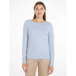 Strickpullover TOMMY HILFIGER "CO JERSEY STITCH BOAT-NK SWEATER", Damen, Gr. L (40), blau (breezy blau), Strick, Obermaterial: 67% Baumwolle, 33% Polyamid, unifarben, casual, Basic hüftlang, U-Boot-Ausschnitt, Pullover, mit Tommy Hilfiger Logo-Flag am Ärmel