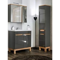 Badezimmer Set mit 80cm Keramik-Waschtisch & LED-Spiegelschrank SOLNA-56 in Hochglanz grau mit Eiche, b/h/t ca.: 130/200/46 cm