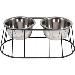 WONDERMAKE® Design Hundenapf erhöht für mittelgroße / große Hunde mit Ständer, Futternapf Hund Futterstation rutschfest aus Edelstahl, Fressnapf 2er Set 2 Näpfe doppelt, 47x26,5x17 cm, silber schwarz