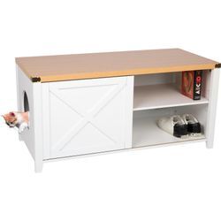 needs&wants® Katzenschrank groß für Katzentoilette XXL aus Holz mit Schuhschrank Sitzkommode, Katzenklo-Schrank Kommode, Design Katzenhaus Toilette Klo, 110 x 50 x 53 cm, weiß braun