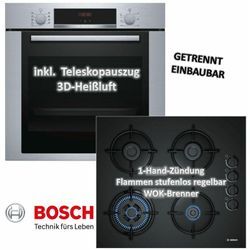 Bosch - herdset Backofen HBA3140S0 mit Teleskopauszug 3D Heißluft + Gas-Kochfeld POH6B6B10 - autark, 60 cm