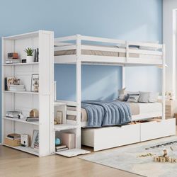 Okwish - Etagenbett mit Ablagefach & Ablagetreppe & zwei Schubladen, 90200cm, multifunktionales Kinderbett, Kinderetagenbett, großer Stauraum, ohne