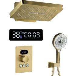 Duschsystem mit Thermostat Unterputz Duscharmatur Set led Digitalanzeige Wandmontiert Handbrause Gebürstetes Gold - Oihpaw