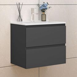 Biubiubath - Badezimmer Badmöbel-Set 60cm Unterschrank mit keramik dünn waschtisch 2 Schubladen Anthrazit Matt soft close Selbstmontierter