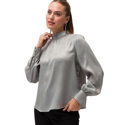 Klassische Bluse ZERO "zero Glitzerbluse mit Stehkragen", Damen, Gr. 34, grau (grausilber), Web, Obermaterial: 100% Polyester. Ärmelfutter: ohne Futter., glänzend, elegant, figurumspielend kurz, Langarm weit Manschette mit Knöpfen, Blusen