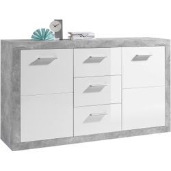 Sideboard HBZ "Stone weiß Hochglanz, Wohnzimmerschrank BxHxT 147x89x37 cm", grau (beton, weiß), B:147cm H:89cm T:37cm, Holzwerkstoff, Sideboards, Mit 2 Türen, 3 geräumigen Schubkästen, 2 Einlegeböden verstellbar