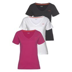 T-Shirt H.I.S "Essential-Basics" Gr. 48/50, pink (schwarz, pink, weiß), Damen, Obermaterial: 100% Baumwolle, bestickt, Shirts, hüftlange Passform, figurumspielender Schnitt, aus 100% Baumwolle