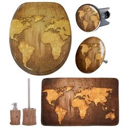 Badaccessoire-Set SANILO "World Map", braun, Holz, Polyester, Polyresin (Kunststein), Badaccessoires-Sets, bestehend aus WC-Sitz, Badteppich, Stöpsel, Seifenspender, WC-Bürste