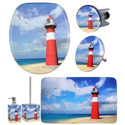 Badaccessoire-Set SANILO "Leuchtturm" Badaccessoires-Sets blau (blau, rot) WC-Sitz, Badteppich, Stöpsel, Seifenspender und WC-Bürste