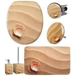 Badaccessoire-Set SANILO "Clam" Badaccessoires-Sets beige (natur, braun) bestehend aus WC-Sitz, Badteppich, Stöpsel, Seifenspender, WC-Bürste