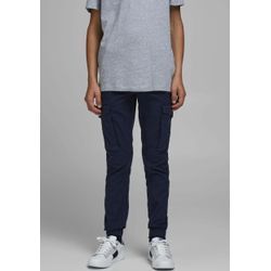 Cargohose JACK & JONES JUNIOR "JPSTPAUL JJFLAKE AKM 542 NAVY NOOS JNR", Jungen, Gr. 128, N-Gr, blau (navy blazer), Web, Obermaterial: 98% Baumwolle, 2% Elasthan, unifarben, modisch, slim fit knöchellang, Hosen