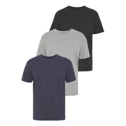 T-Shirt MAN'S WORLD Gr. 44/46 (S), schwarz (grau, marine, schwarz), Herren, Single Jersey, Obermaterial: 100% Baumwolle. Graumeliert (Obermaterial): 90% Baumwolle, 10% Viskose, unifarben, Shirts, Kurzarm, unifarben, Rundhals, aus Baumwolle, im 3er-Pack