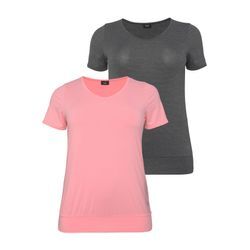 T-Shirt H.I.S, Damen, Gr. 44/46, rot (koralle, schwarz), Single Jersey, Obermaterial: 87% Polyester, 13% Elasthan, sportlich, figurumspielend hüftbedeckend, Kurzarm, Shirts, Kurzarm, figurumspielende Passform, aus elastischem Single-Jersey