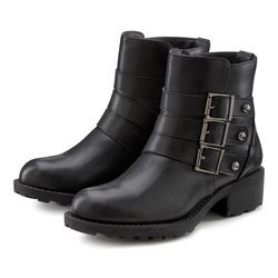 Bikerboots LASCANA, Damen, Gr. 36, schwarz, Obermaterial: 100% Lederimitat. Futter: 100% Textilmaterial. Decksohle: 100% Lederimitat. Laufsohle: 100% Synthetik, unifarben, vintage, modisch, Schuhe, mit robuster Sohle,Zierschnallen,Winterstiefelette, Ankle Boots, VEGAN