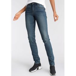 Slim-fit-Jeans ARIZONA "Bund mit seitlichem Gummizugeinsatz", Damen, Gr. 34, N-Gr, blau (blau, used), Denim/Jeans, Obermaterial: 98% Baumwolle, 2% Elasthan, Basic, slim fit lang, Jeans, schmale Passform, Röhrenjeans, Used-Waschung, hohe Leibhöhe, Topseller