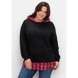 Sweatshirt SHEEGO "Große Größen", Damen, Gr. 44/46, schwarz, Obermaterial: 100% Baumwolle, gemustert, casual, figurumspielend normal, Rundhals, Langarm, Sweatshirts, mit Kapuze, in 2-in-1-Optik