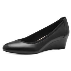 Pumps TAMARIS "Borage", Damen, Gr. 38 (5), schwarz, Leder, unifarben, elegant, Schuhe, Keilabsatz, Halbschuh, Schlupfschuh mit komfortablem Elastikeinfass