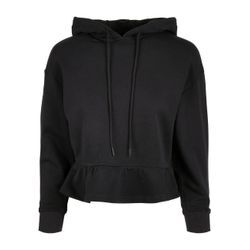 Kapuzenpullover URBAN CLASSICS "Urban Classics Damen Ladies Organic Volants Hoody", Damen, Gr. L, schwarz, 100% Baumwolle, unifarben, casual, loose fit, ohne Ausschnitt, Pullover Hoodie Sweatshirt