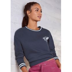 Sweatshirt BUFFALO, Damen, Gr. 32/34, blau (marine), Sweatware, Obermaterial: 60% Baumwolle, 40% Polyester, bedruckt, unifarben mit Farbeinsatz, modisch, bequem hüftlang, Rundhals, Langarm Rippbündchen, Sweatshirts, mit Kontrast-Rippbündchen und Druck, Loungeanzug