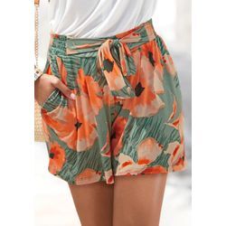 Shorts LASCANA Gr. 34, N-Gr, bunt (grün, orange bedruckt), Damen, Jersey, Obermaterial: 100% Viskose, bedruckt, Hosen Shorts Strandshorts, aus Viskosejersey mit Alloverdruck und Taschen, kurze Hose, sommerlich