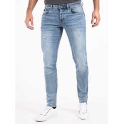 Slim-fit-Jeans PEAK TIME "München" Gr. 36, Länge 32, blau (hellblau), Herren, Obermaterial: 87% Baumwolle, 9% Polyester, 4% Elasthan, Abriebeffekte, Destroyed-Effekte, Jeans 5-Pocket-Jeans, Herren Jeans mit Stretch-Bund und Destroyed-Optik