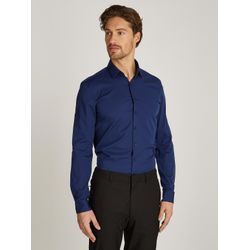 Businesshemd CALVIN KLEIN "POPLIN STRETCH SLIM SHIRT", Herren, Gr. 38, N-Gr, blau (medieval blau), Popeline, Obermaterial: 97% Baumwolle, 3% Elasthan, unifarben, elegant, slim fit, Langarm Ärmel mit Ärmelschlitz 2-Knopf-Manschette, Hemden, mit Kentkragen, Logoprint auf Brusthöhe