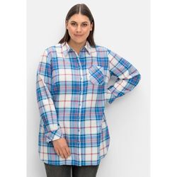 Longbluse SHEEGO "Große Größen", Damen, Gr. 40, weiß (sanftes weiß kariert), Obermaterial: 100% Baumwolle, gemustert, casual, figurumspielend lang, Langarm, Blusen, aus Baumwoll-Flanell, mit Krempelärmeln