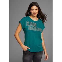 Kurzarmshirt KANGAROOS, Damen, Gr. 40/42, blau (petrol), Single Jersey, Obermaterial: 100% Baumwolle, casual, figurumspielend kniebedeckend, Rundhals, Kurzarm, Shirts, mit Placement-Print - NEUE KOLLEKTION