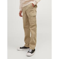 Cargohose JACK & JONES JUNIOR "JPSTKANE JJHARLOW CARGO NOOS JNR", Jungen, Gr. 128, N-Gr, beige (crockery), Web, Obermaterial: 98% Baumwolle, 2% Elasthan, unifarben, modisch, loose fit knöchellang, Hosen