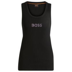 Tanktop BOSS ORANGE "C_Ematite_stonebadge", Damen, Gr. L, schwarz (schwarz 001), Rippware, Obermaterial: 96% Baumwolle, 4% Elasthan, unifarben, casual, figurbetont, Rundhals, Tops, mit BOSS Stickerei aus Glitzersteinen