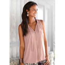 Tanktop LASCANA, Damen, Gr. 32/34, rot (apricot), Jersey, Obermaterial: 100% Viskose, casual, figurumspielend hüftlang, V-Ausschnitt, ohne Ärmel, Tops, mit Bändern am Ausschnitt, elegantes Blusentop