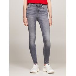 Skinny-fit-Jeans TOMMY JEANS "Tommy Jeans - Damenjeans- NORA Mid Rise - Skinny Fit" Gr. 27, Länge 30, schwarz (denim schwarz), Damen, Obermaterial: 92% Baumwolle, 6% Elastomultiester, 2% Elasthan, unifarben, Jeans, mit Waschung, Logo-Badge