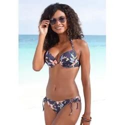 Push-Up-Bikini-Top LASCANA "Malia" Gr. 36, Cup A, grau (anthrazit, bedruckt), Damen, Microfaser, Polyamid, Microfaser, bedruckt, floral, Bikini-Oberteile, mit tropischem Print