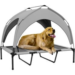 Pawhut - Erhöhtes Hundebett mit Baldachin, Haustierbett, Outdoor Hundeliege mit Dach, Atmungsaktiv, für große Hunde Hellgrau Oxford 106 x 76 x 94 cm