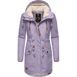 Wintermantel RAGWEAR "Elsie", Damen, Gr. L (40), lila (lavendel), Außenmaterial: 65% Polyester, 35% Baumwolle, Innenfutter: 100% Polyester, Wattierung: 100% Polyester, casual, tailliert ca. Mitte Oberschenkel, Langarm Ärmel ohne Ärmelschlitz Rippstrickbündchen mit Daumenlöchern, Mäntel, stylischer Winterparka mit Kapuze und Teddyfleece