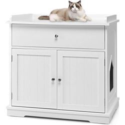 Costway - Katzenschrank mit Schublade & Tür & Eingang, 3-in-1 Katzenhaus Katzentoilette Beistelltisch, Schrank Katzenklo Katzenkommode, Katzenhoehle