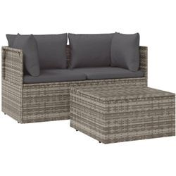 3-tlg. Garten-Lounge-Set mit Kissen Grau Poly Rattan Vidaxl