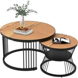 Redom - Couchtisch und 2er-Set, Beistelltisch (Couchtisch-Set mit Marmorfurnier, Beistelltische, runde Beistelltische), 2er-Set, goldfarbener Rahmen