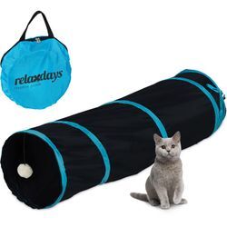 Relaxdays - Katzentunnel faltbar, Katzenröhre mit Spielzeug, interaktiver Katzen Spieltunnel, BxD: ca. 90 x 25 cm, Schwarz