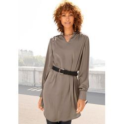 Longbluse LASCANA, Damen, Gr. 34, braun (cappuccino), Satin, Obermaterial: 100% Polyester, unifarben, festlich, figurumspielend hüftbedeckend, V-Ausschnitt, Langarm 2-Knopf-Manschette, Blusen