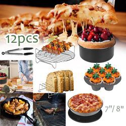 Heißluftfritteuse Zubehör 12 STÜCKE für 3,5QT-5,8QT Heißluftfritteuse mit 7-Zoll-Kuchenfass Pizzapfanne Spieß Rack Kuchensilikontopf,Schwarz - Vingo