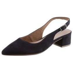 Slingpumps TAMARIS, Damen, Gr. 39, blau (navy), Veloursleder, elegant, Schuhe, Blockabsatz, Abendschuh, Sommerschuh mit verstellbarem Riemchen