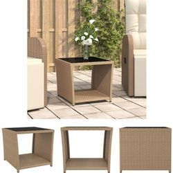 Beistelltisch mit Glasplatte Beige Poly Rattan & Hartglas - Gartentische - Beige - The Living Store