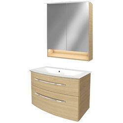 B.style Badmöbel Set – Waschbecken mit Unterschrank und LED-Spiegelschrank in Holz braun – Waschbeckenunterschrank 80 cm hängend breit –