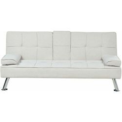 3-Sitzer Sofa Hellbeige Stoffbezug Gesteppt mit Schlaffunktion Integriertem Tisch Klapparmlehne Modern Skandi Wohnzimmer Schlafsofa Sofabett