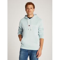 Kapuzensweatshirt TOMMY HILFIGER "TOMMY LOGO HOODY", Herren, Gr. M, blau (breezy blau), Sweatware, Obermaterial: 64% Baumwolle, 36% Polyester, casual, gerade, unten schmal hüftlang, Rundhals, Langarm angesetztes Bündchen, Sweatshirts, mit Kapuze und Kängurutasche