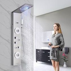 Onyzpily - led Duschpaneel Gebürstetes Nickel 5 Funktionen Duschsystem mit Regendusche Hydromassagedüse Wasserfall Handbrause Bad Wandmontage